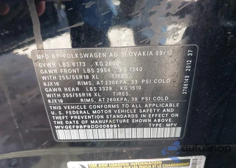 2013 Volkswagen Touareg V6 из США, поврежденный, VIN WVGEF9BP9DD006991